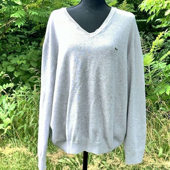 Lacoste Classic Fit V-Neck Cotton Knit Sweater Men's 7/XL Gray Preppy Vtg School - Picture 2 of 9